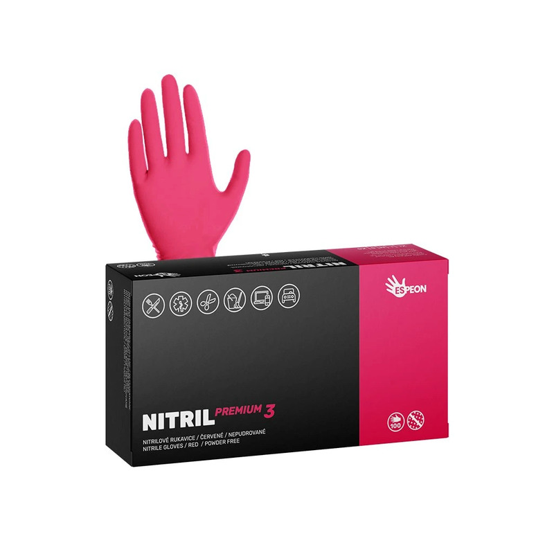 Nitrilové rukavice NITRIL PREMIUM3 vel.M 100 ks, nepudrované, červené, 4.0 g